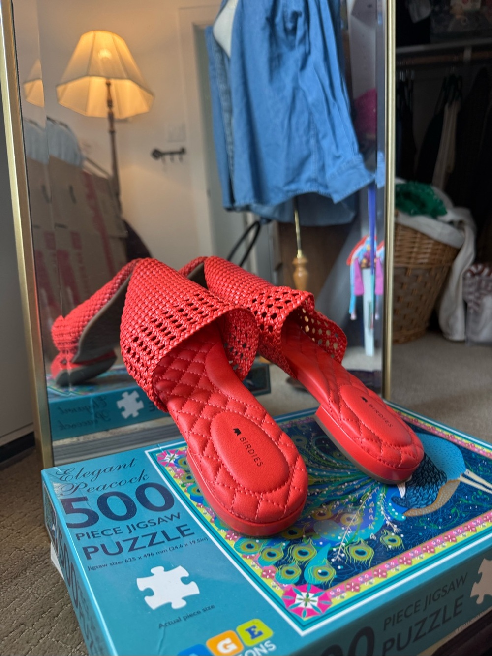 Birdies Red Quilted & Woven Slide Mules